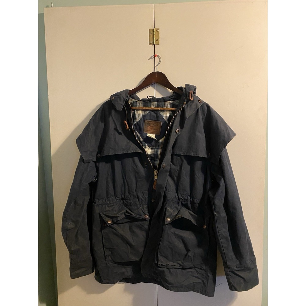 Outback Trading Co Swagman Oilskin Jacket Navy Blue Plaid Lined Menโs Large Coat